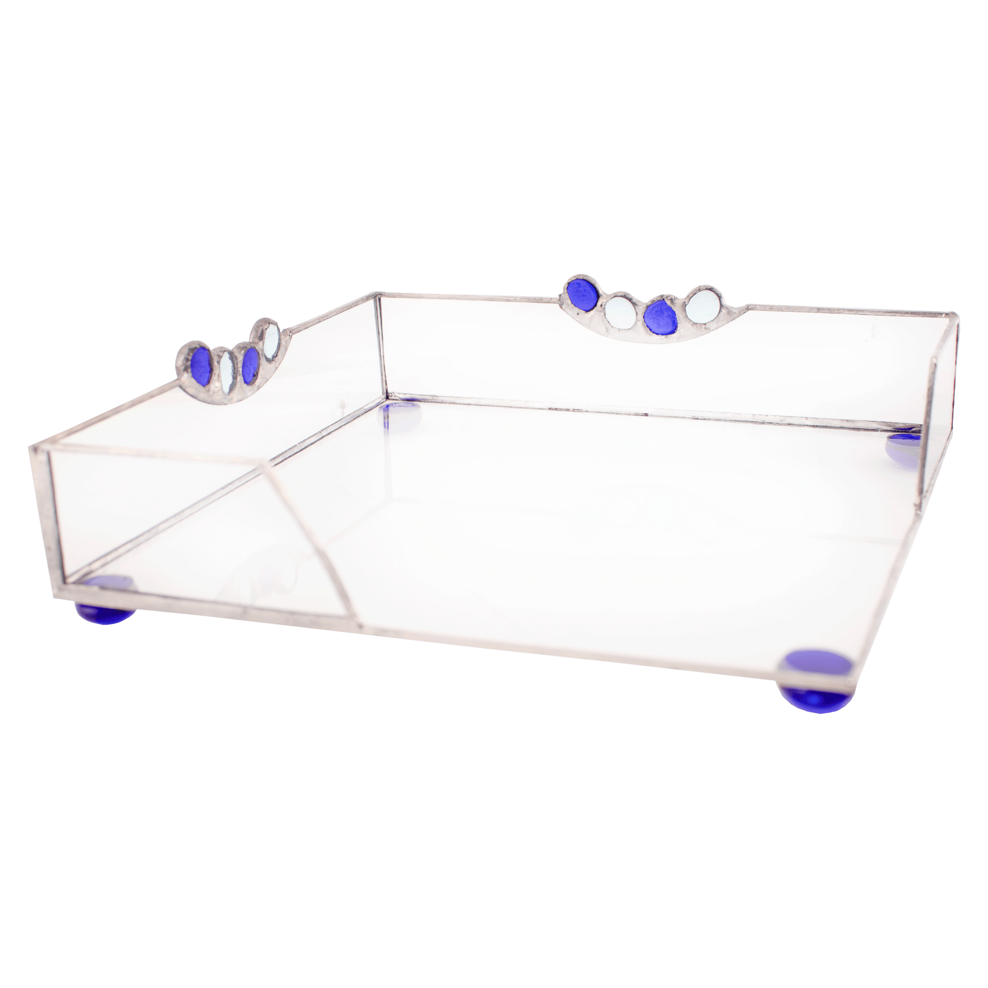 Clear stained-glass matzah tray with blue and clear decorative stones