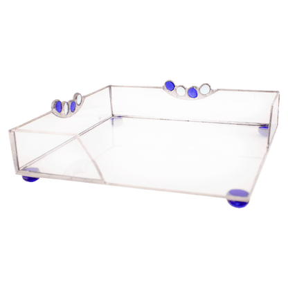 Clear stained-glass matzah tray with blue and clear decorative stones