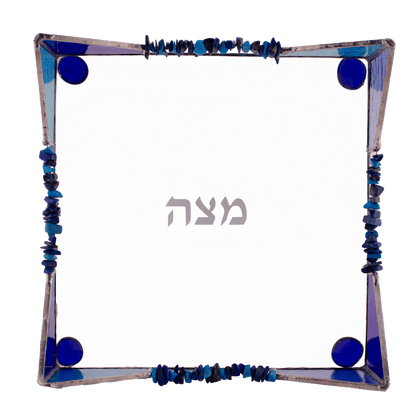 Blue and clear stained-glass matzah holder with blue decorative beads