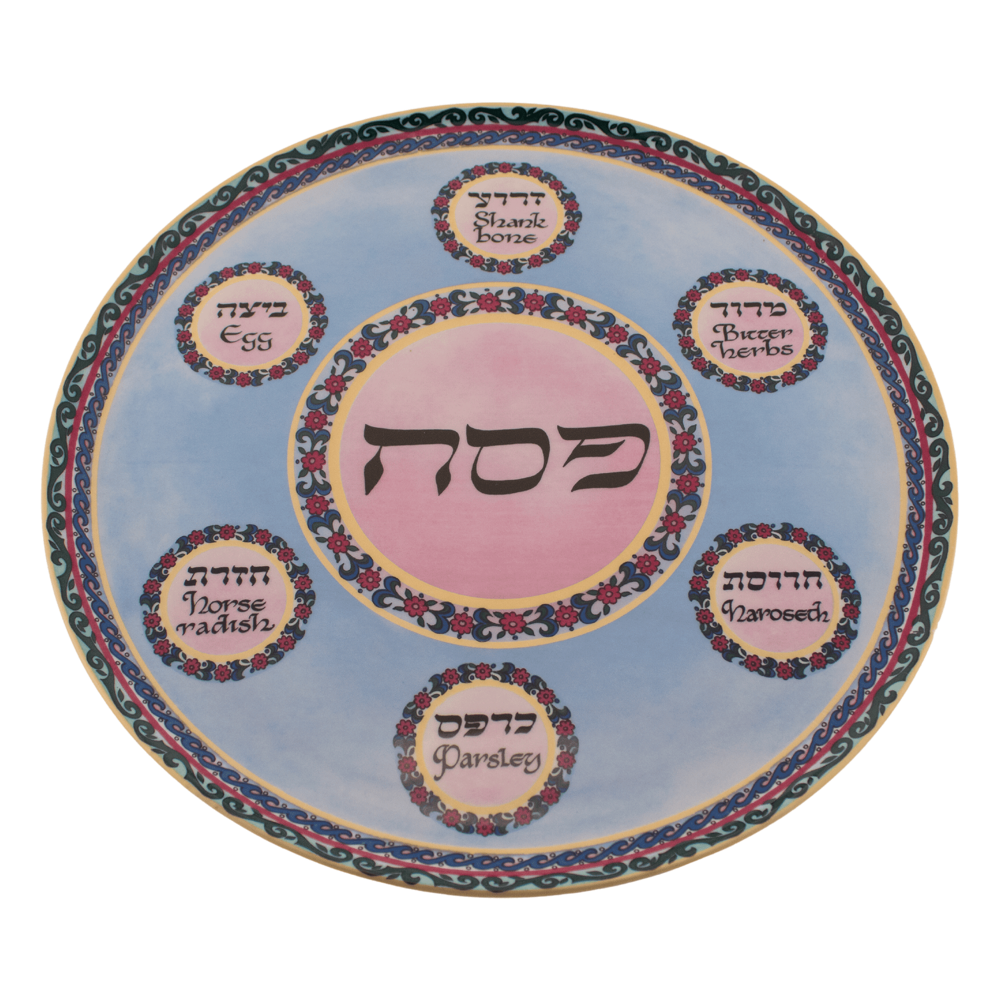 Pink and blue seder plate with a floral design and yellow trim around the edges