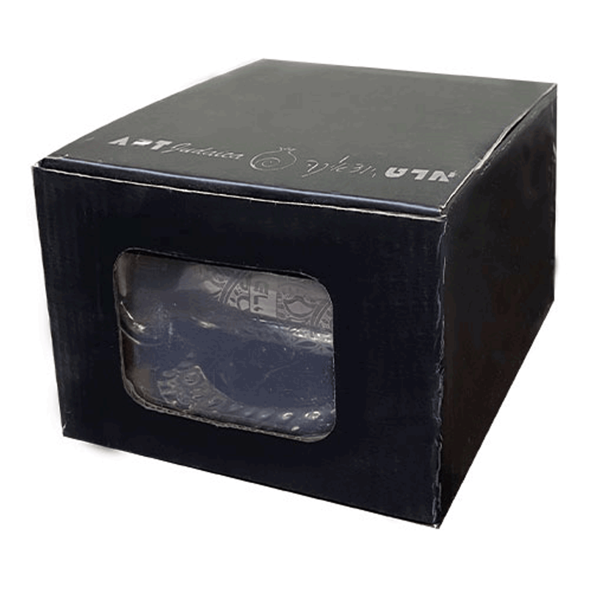 Black gift box that contains the kiddush cup and saucer