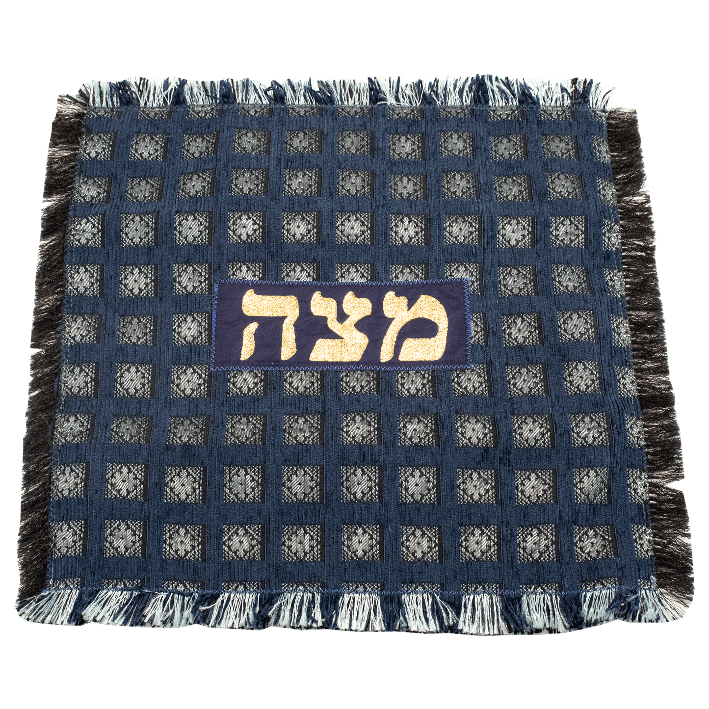 navy matzah cover with silver square floral tile pattern