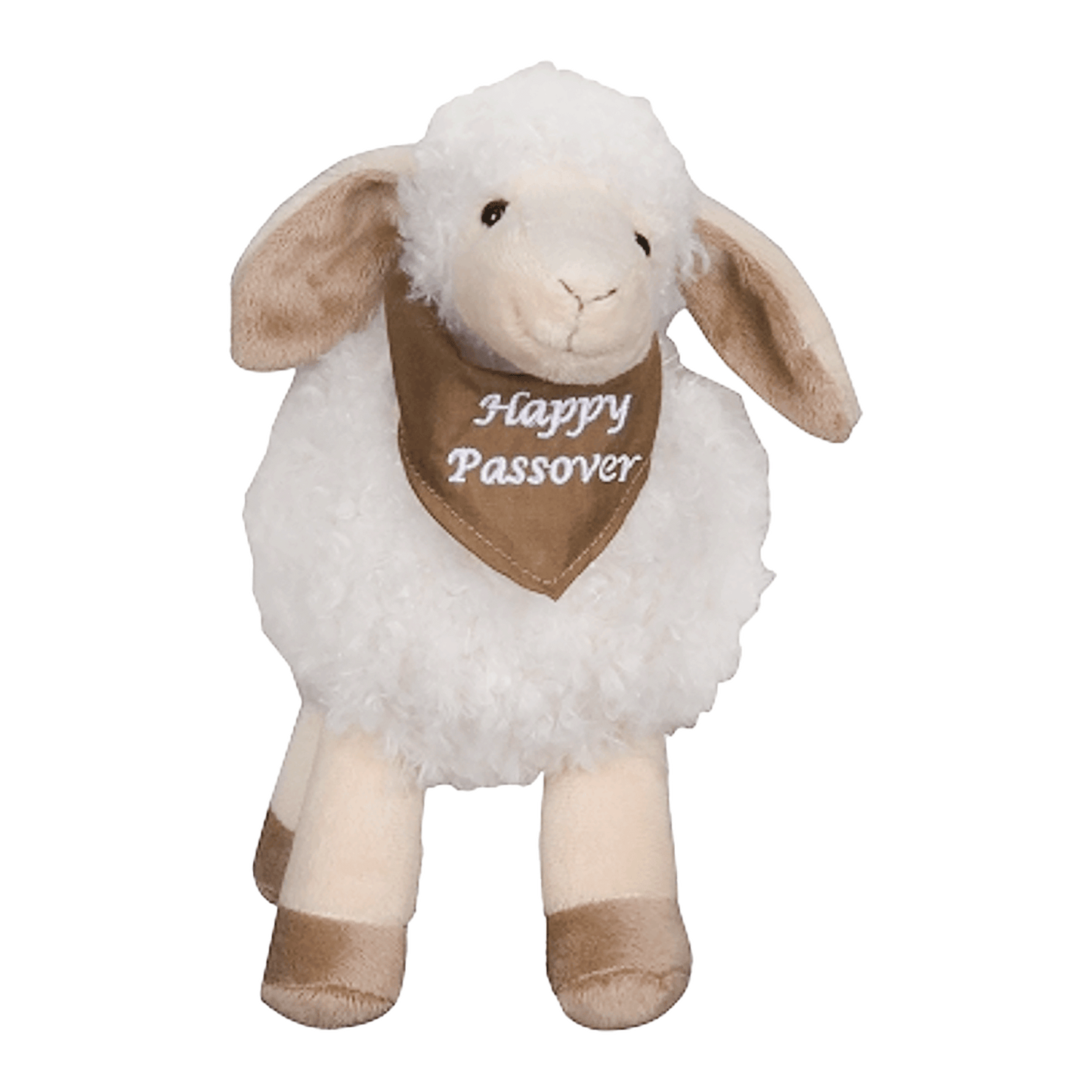 Stuffed white lamb with a bandana; printed on the bandana is the message: "Happy Passover"