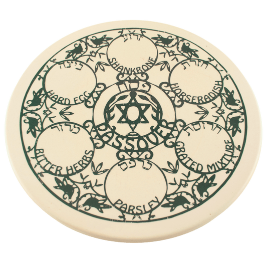 White and dark teal handcrafted ceramic seder plate 