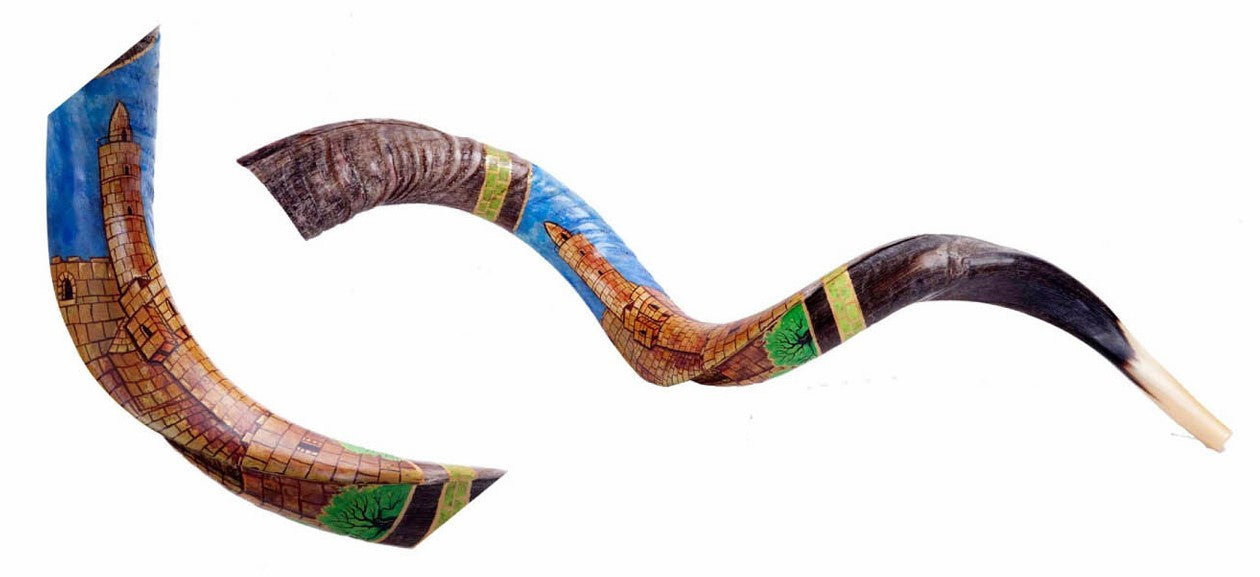 Yemenite Shofar 40" - 44" - Hand Painted Tower of David