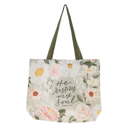 He Restores My Soul Green Floral Garden Tote Bag - Psalm 23:3