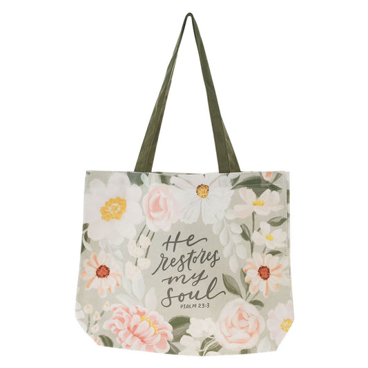 He Restores My Soul Green Floral Garden Tote Bag - Psalm 23:3