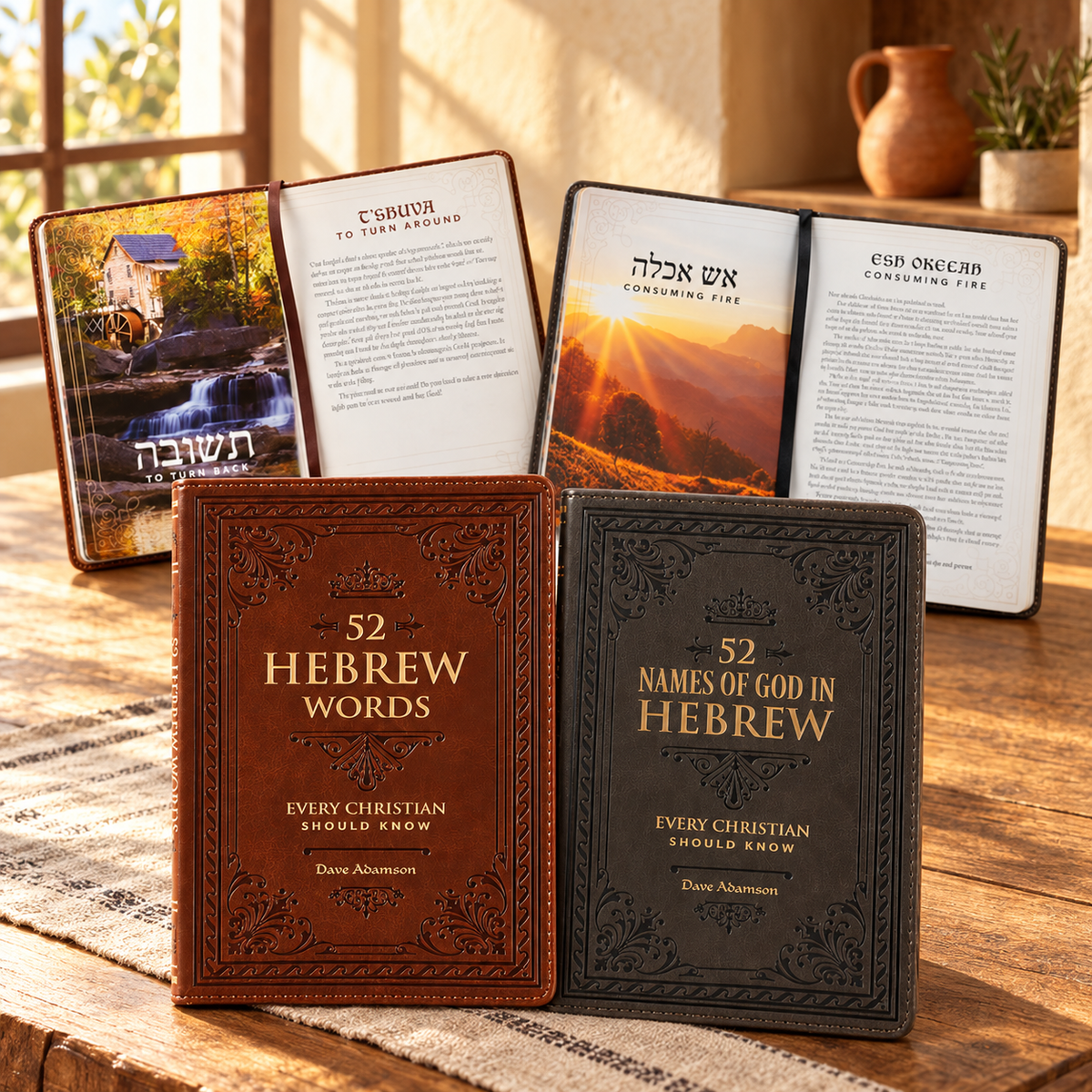 Hebrew study books displayed in a sunlit Mediterranean-style room