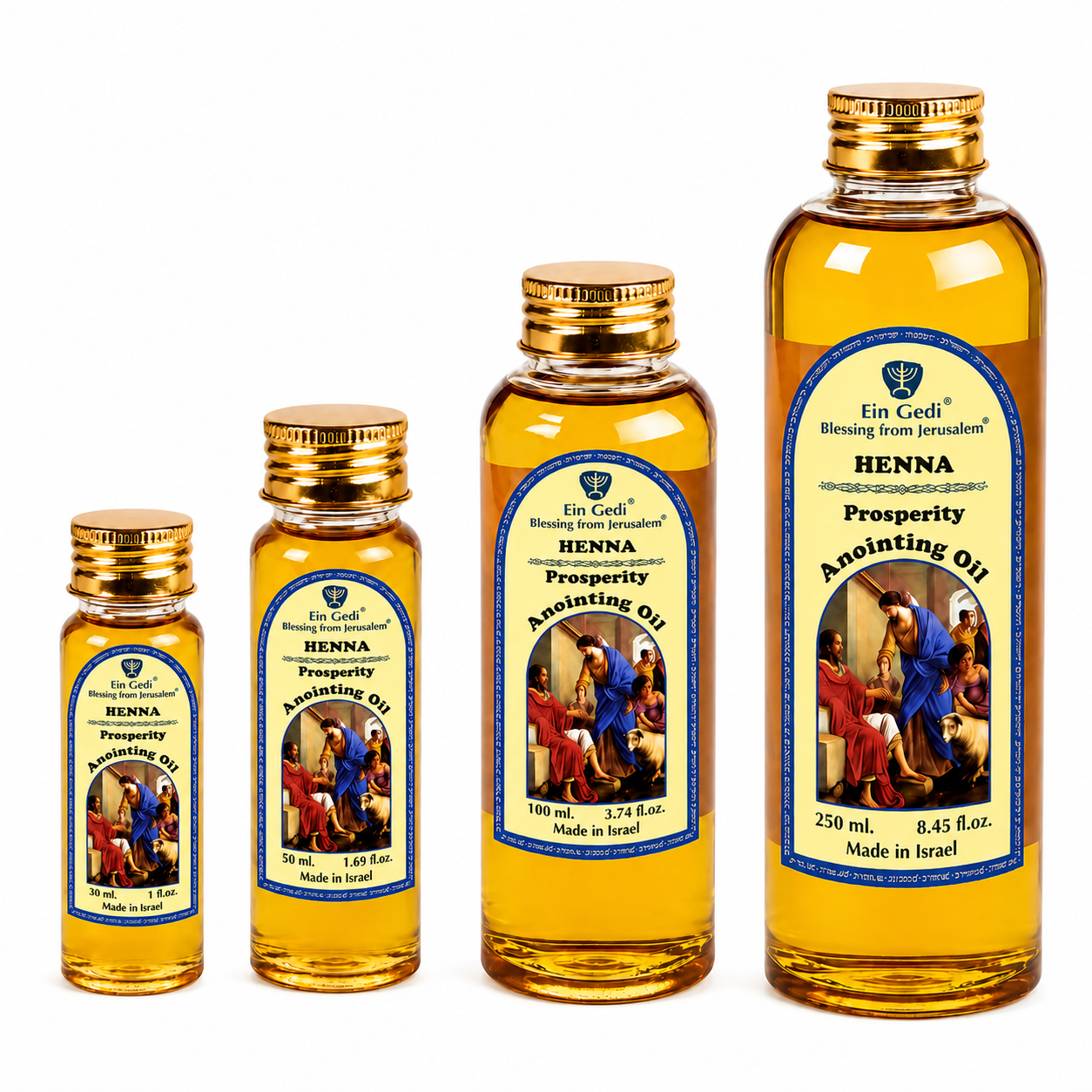 Ein Gedi Henna Prosperity anointing oil PET bottles in 4 sizes on white background