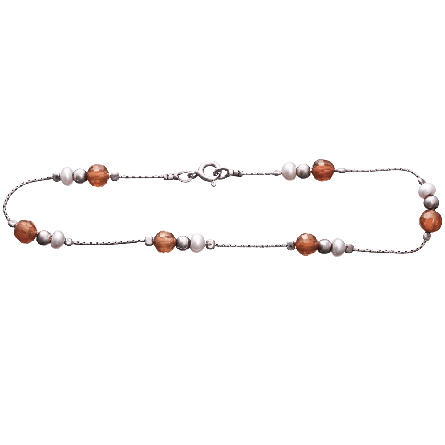 Sterling silver anklet with orange coral stone, pearl, and sterling silver beads