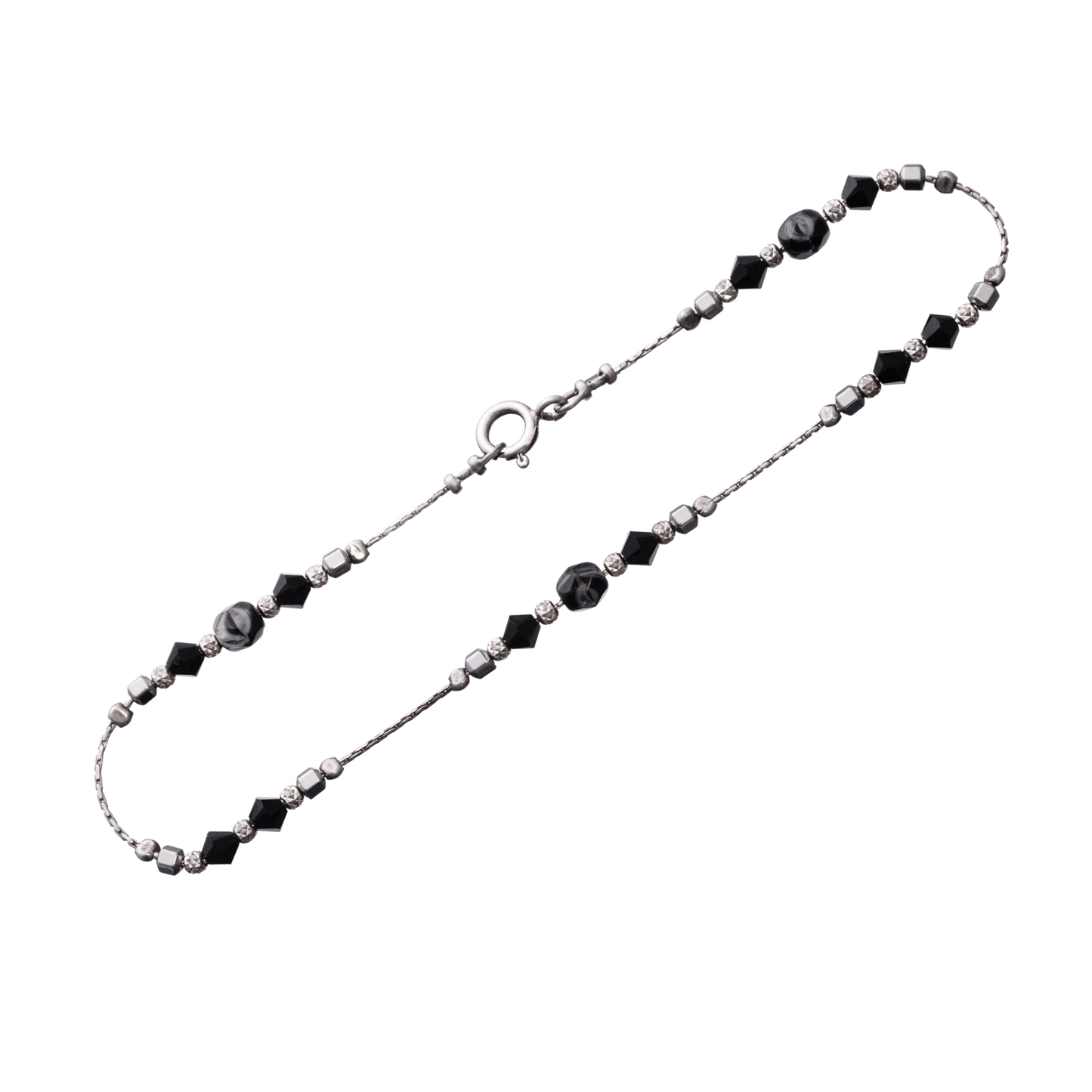 Sterling silver anklet containing black coral stone and sterling silver beads