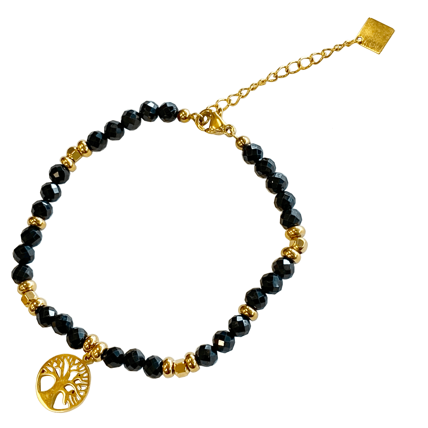 Onyx stone bracelet interspersed with gold-plated beads with a gold-plated Tree of Life charm 