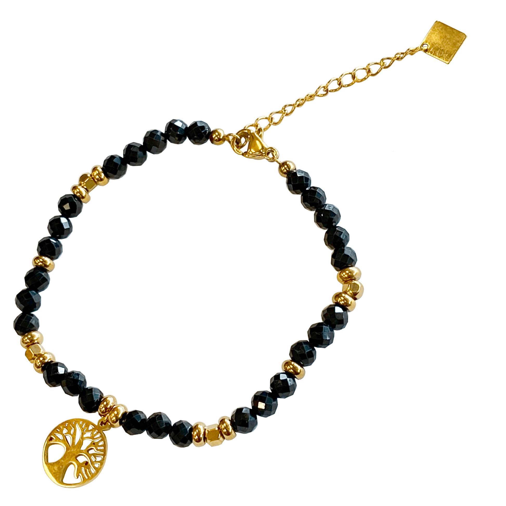 Onyx stone bracelet interspersed with gold-plated beads with a gold-plated Tree of Life charm 