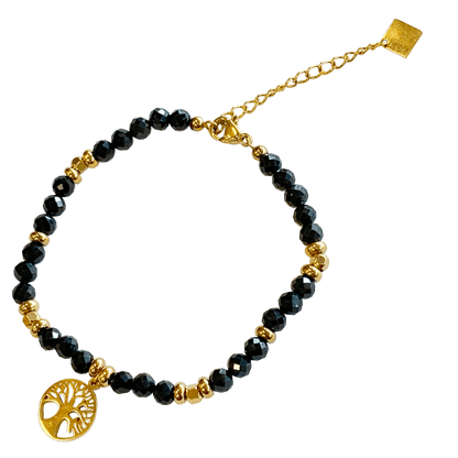 Onyx stone bracelet interspersed with gold-plated beads with a gold-plated Tree of Life charm 