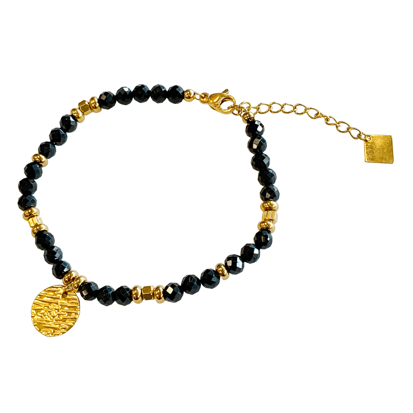 Onyx stone bracelet interspersed with gold-plated beads with a gold-plated charm 