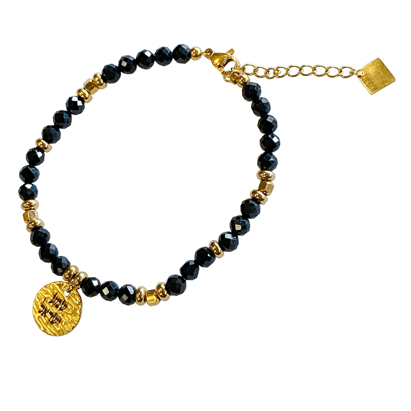 Onyx stone bracelet interspersed with gold-plated beads with a gold-plated Shema charm 