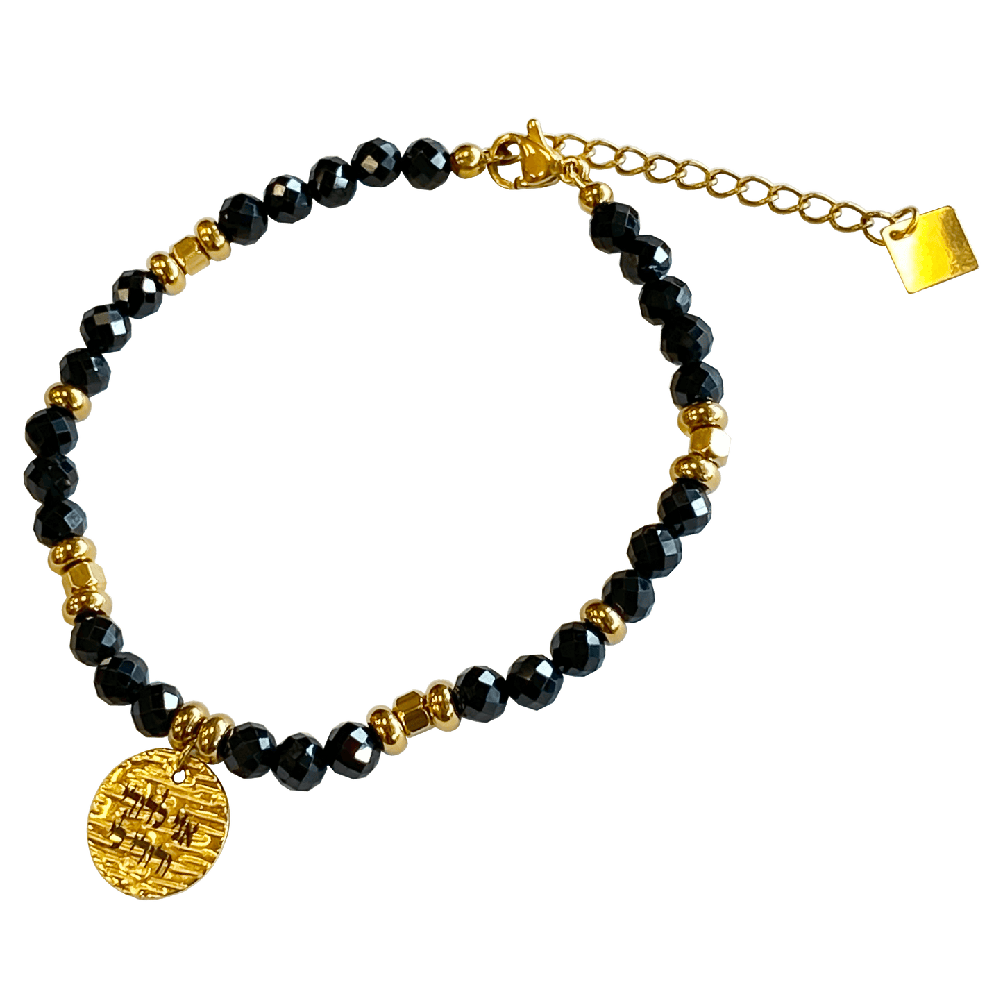 Onyx stone bracelet interspersed with gold-plated beads with a gold-plated 
charm that says “I Am My Beloveds” 