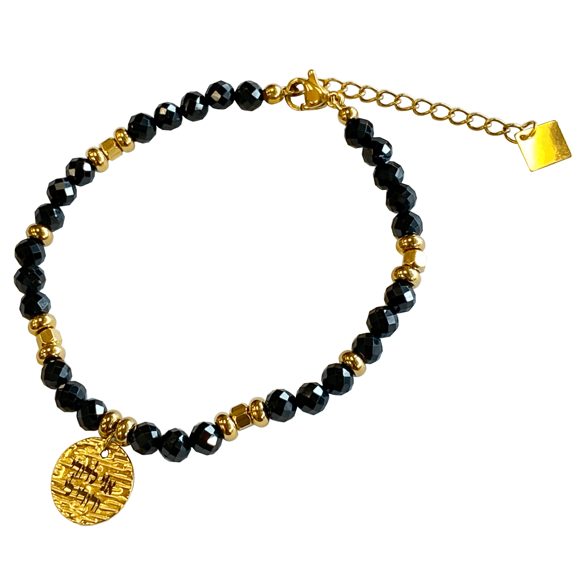 Onyx stone bracelet interspersed with gold-plated beads with a gold-plated 
charm that says “I Am My Beloveds” 