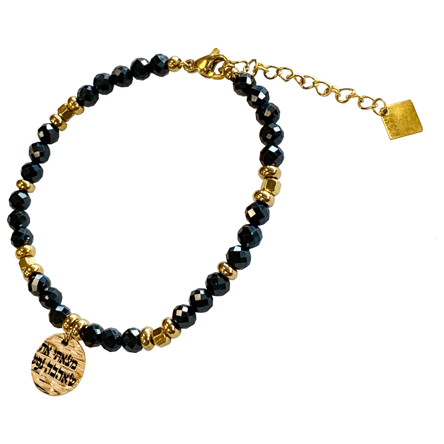 Onyx stone bracelet interspersed with gold-plated beads with a gold-plated charm that says “I Found Him Whom My Soul Loveth” 