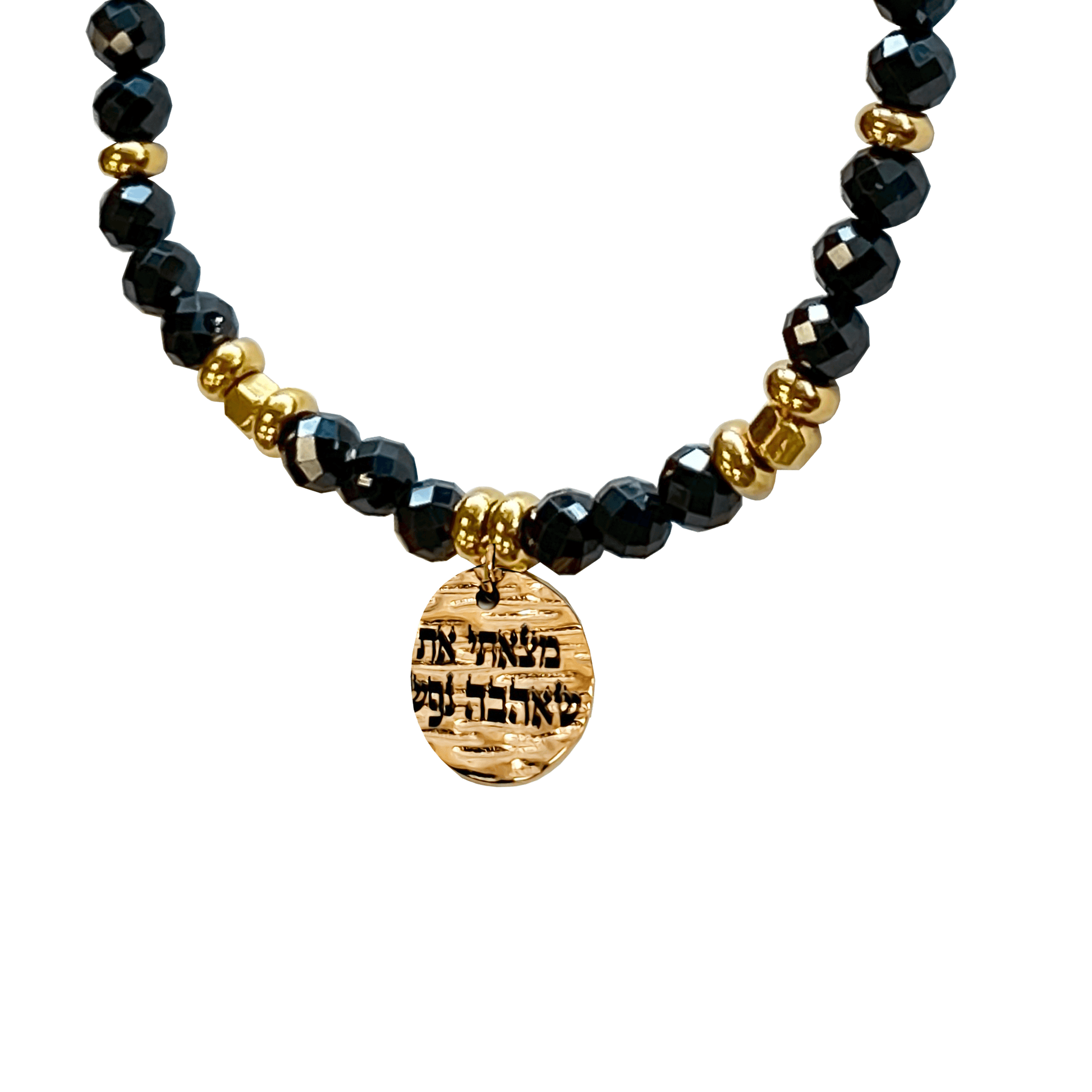 Onyx stone bracelet interspersed with gold-plated beads with a gold-plated charm that says “I Found Him Whom My Soul Loveth” 