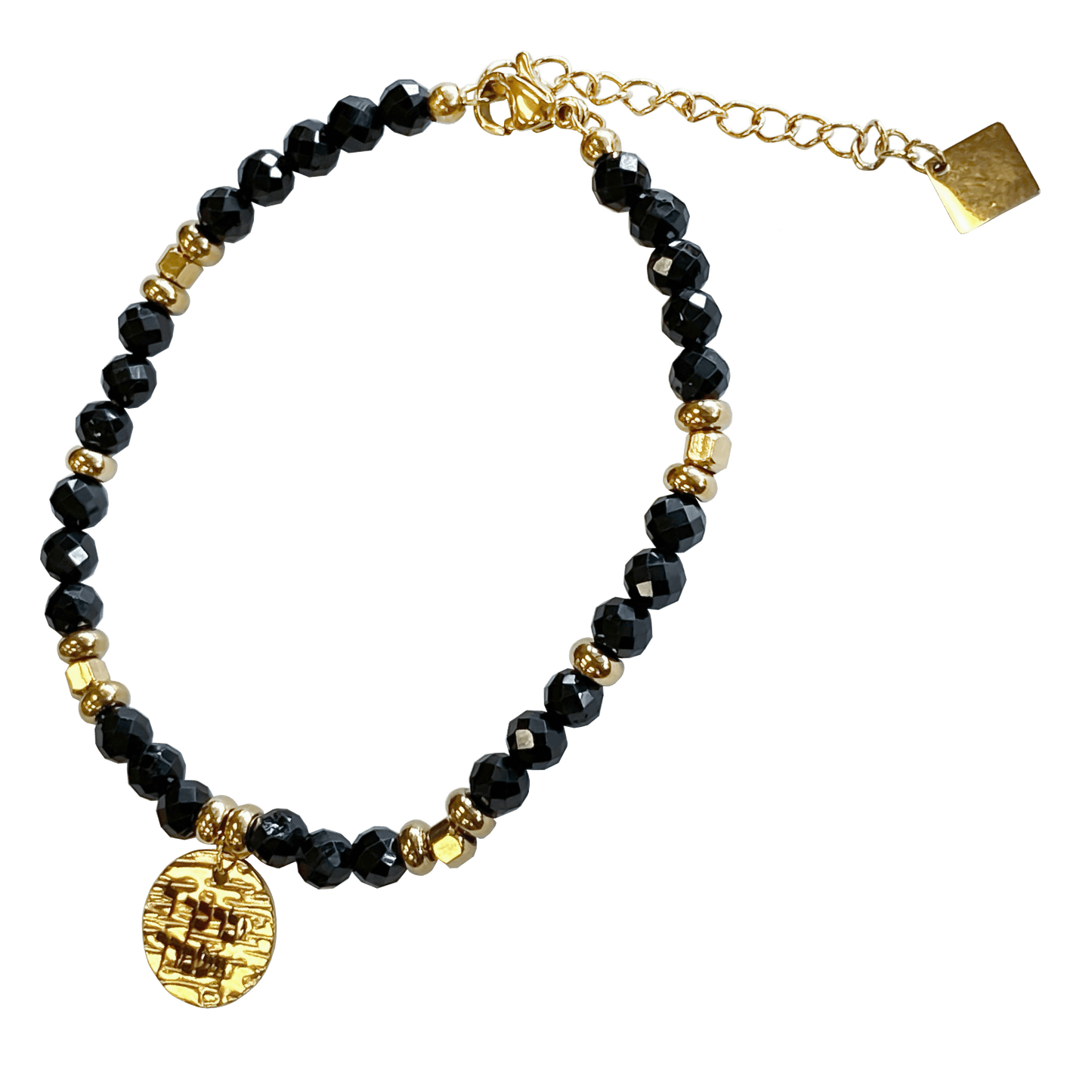 Onyx stone bracelet interspersed with gold-plated beads with a gold-plated charm that says “May God Bless You & Keep You” 