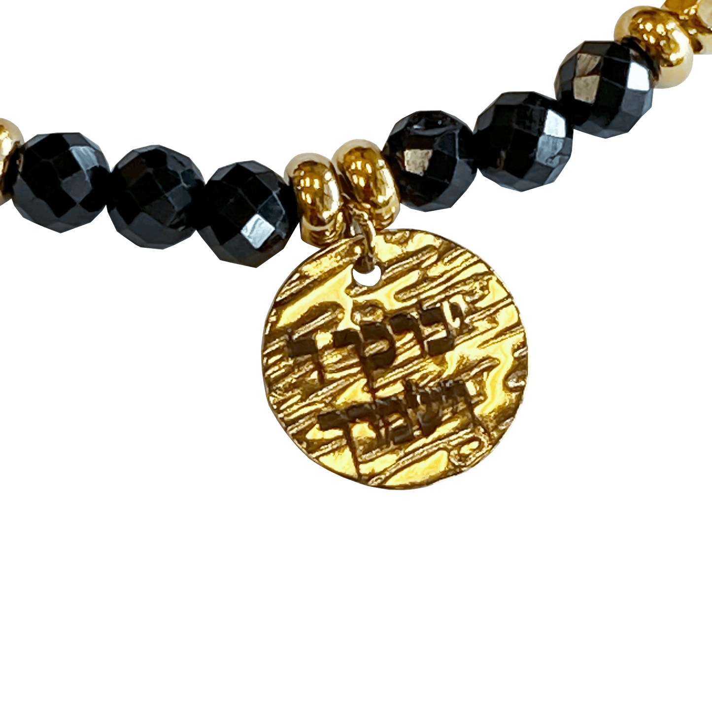 Onyx stone bracelet interspersed with gold-plated beads with a gold-plated charm that says “May God Bless You & Keep You” 