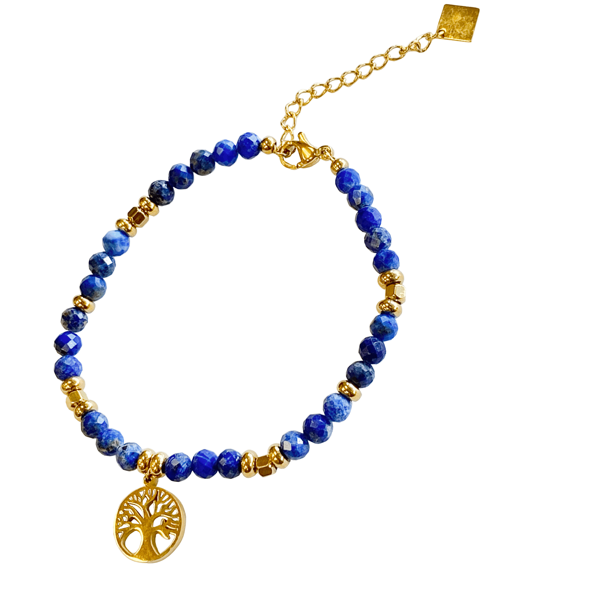 Lapis stone bracelet interspersed with gold-plated beads with a gold-plated Tree of Life charm 