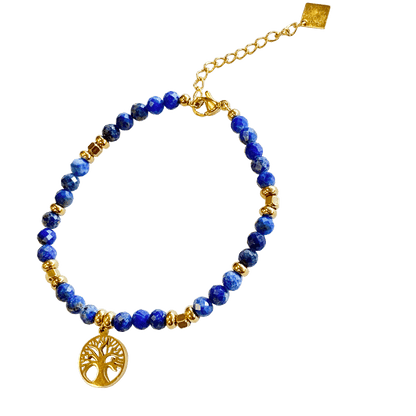 Lapis stone bracelet interspersed with gold-plated beads with a gold-plated Tree of Life charm 