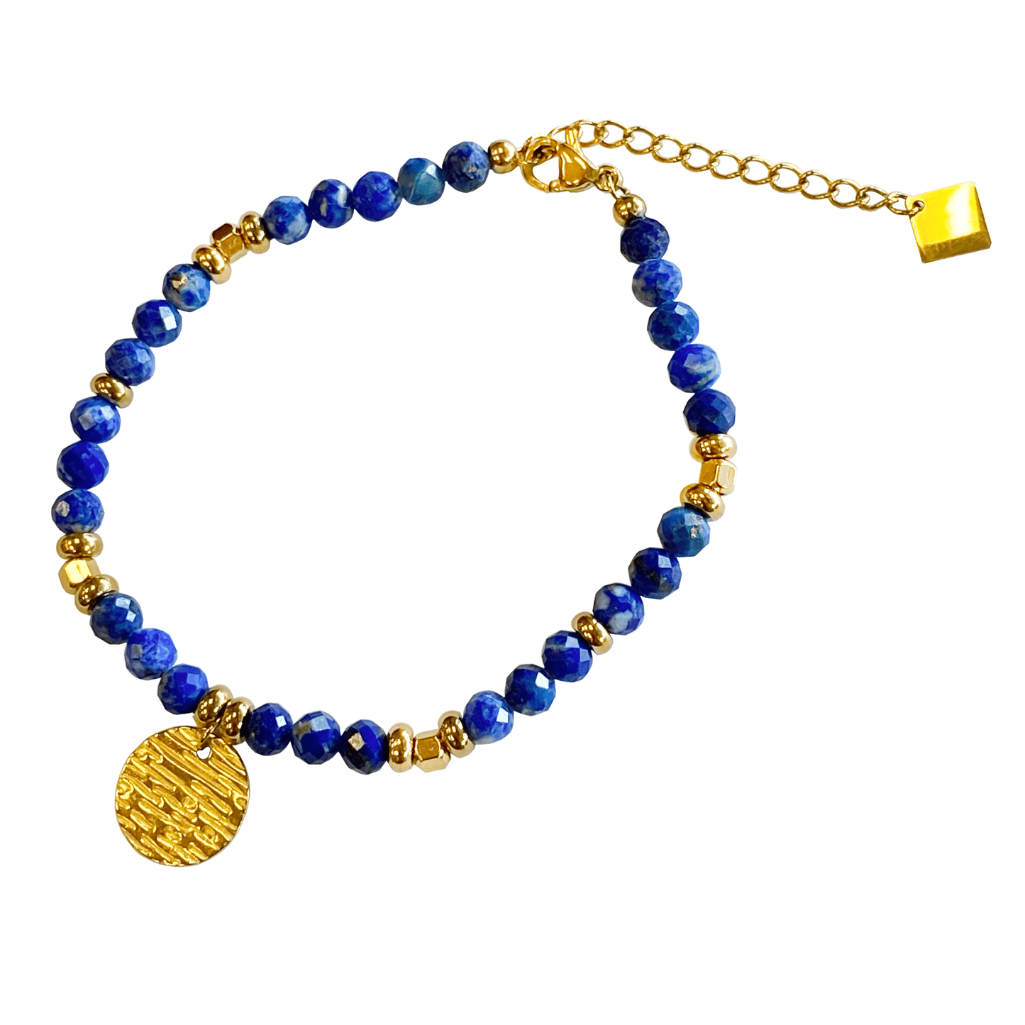 Lapis stone bracelet interspersed with gold-plated beads with a gold-plated charm 