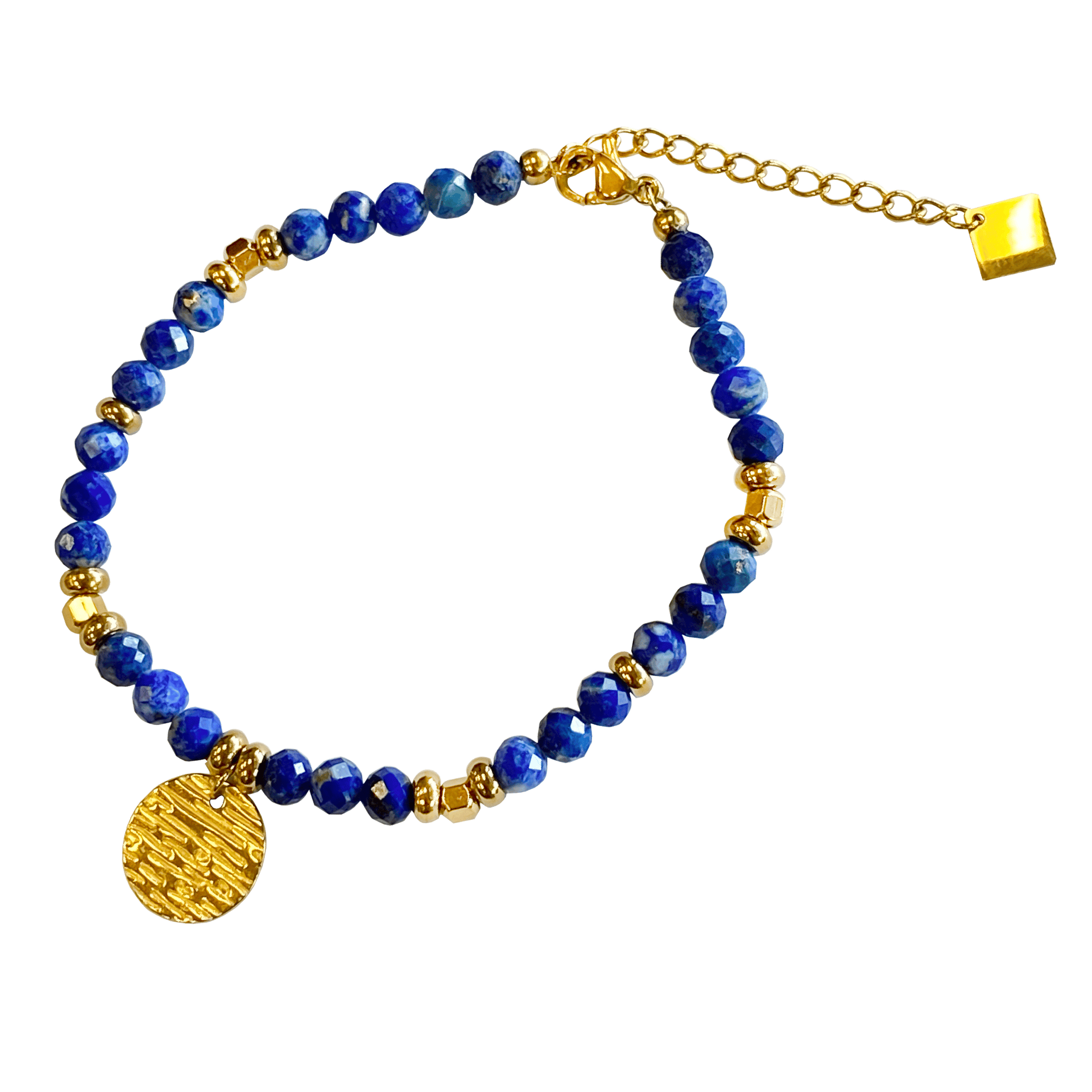 Lapis stone bracelet interspersed with gold-plated beads with a gold-plated charm 