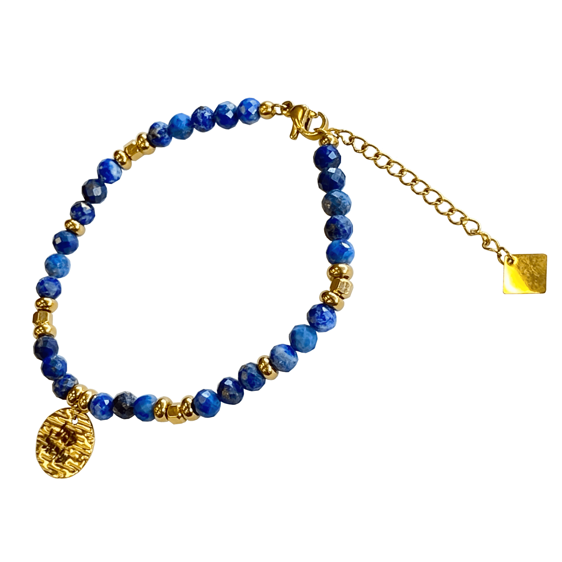 Lapis stone bracelet interspersed with gold-plated beads with a gold-plated Shema charm 