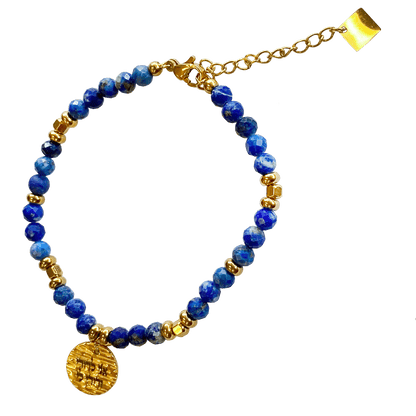 Lapis stone bracelet interspersed with gold-plated beads with a gold-plated 
charm that says “I Am My Beloveds” 