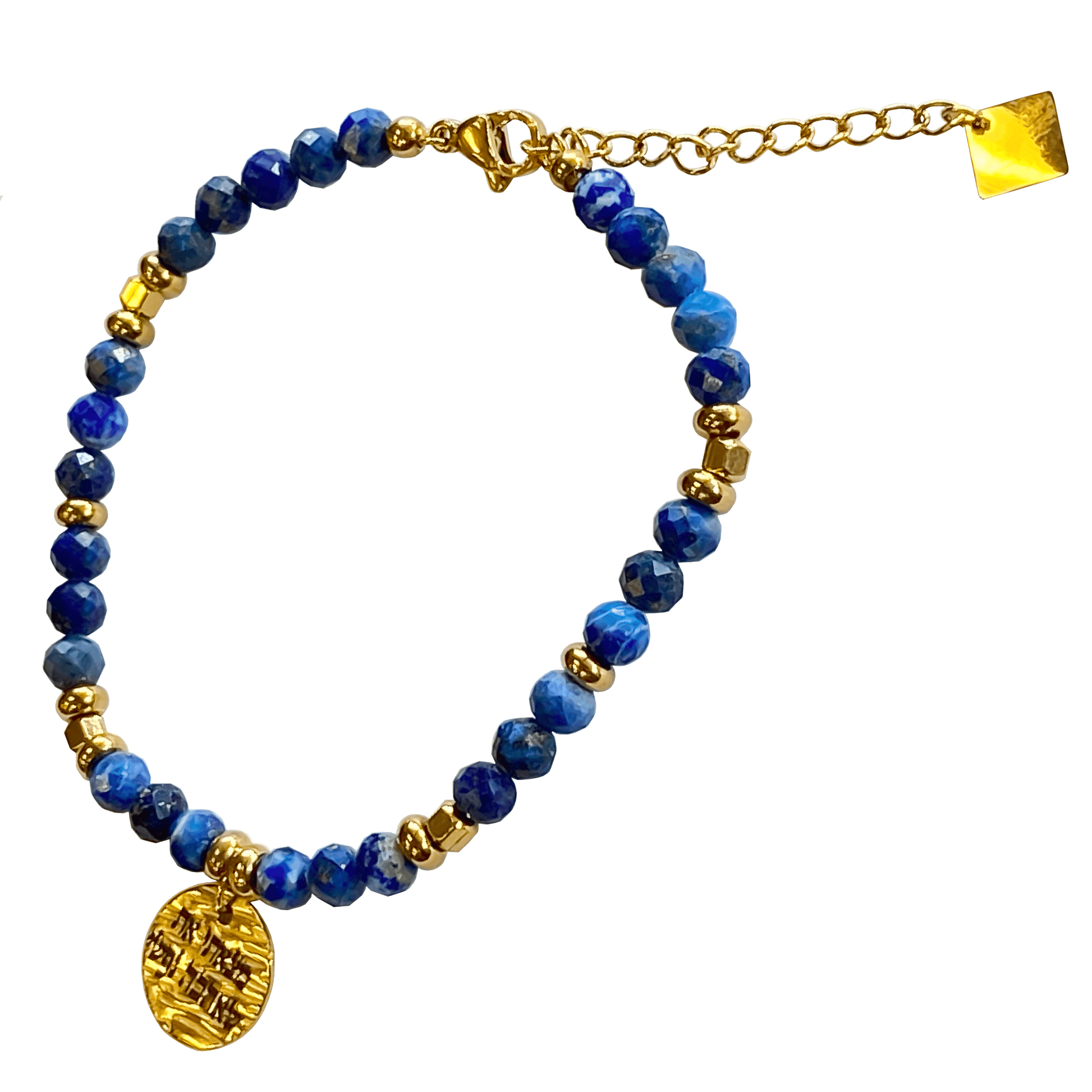 Lapis stone bracelet interspersed with gold-plated beads with a gold-plated charm that says “I Found Him Whom My Soul Loveth” 