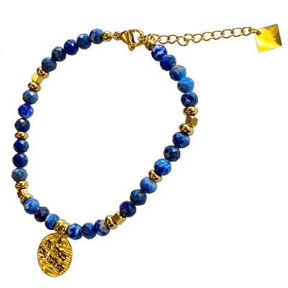 Lapis stone bracelet interspersed with gold-plated beads with a gold-plated charm that says “I Found Him Whom My Soul Loveth” 