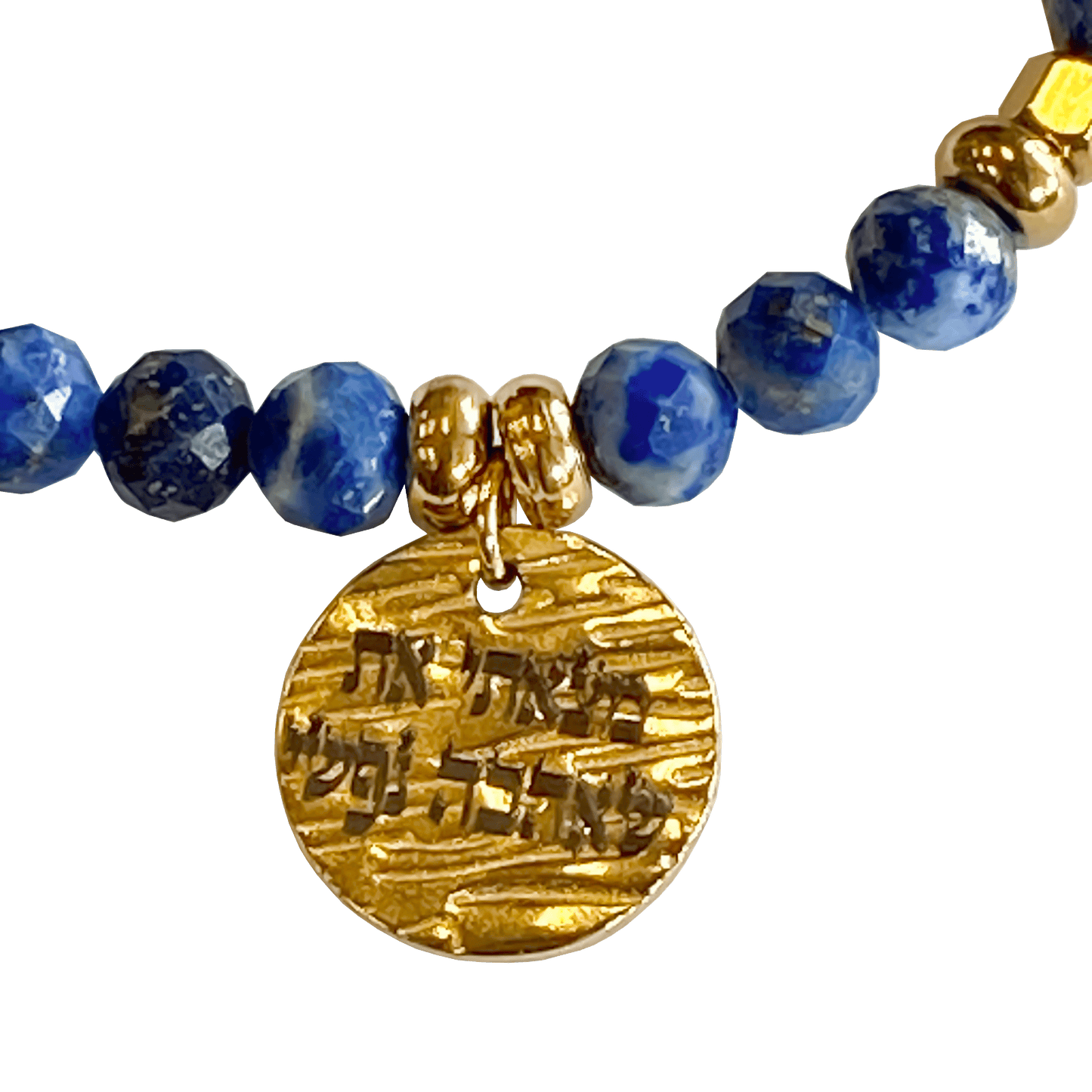 Lapis stone bracelet interspersed with gold-plated beads with a gold-plated charm that says “I Found Him Whom My Soul Loveth” 