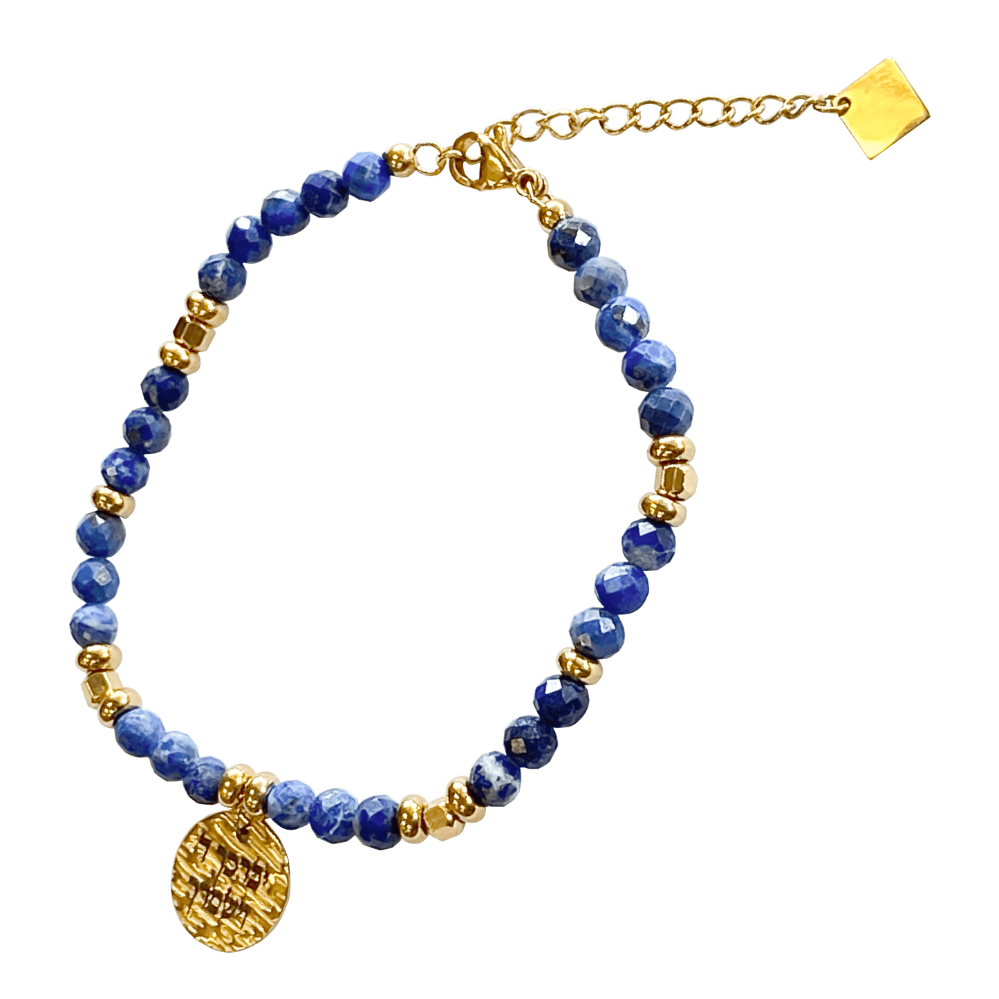 Lapis stone bracelet interspersed with gold-plated beads with a gold-plated charm that says “May God Bless You & Keep You” 