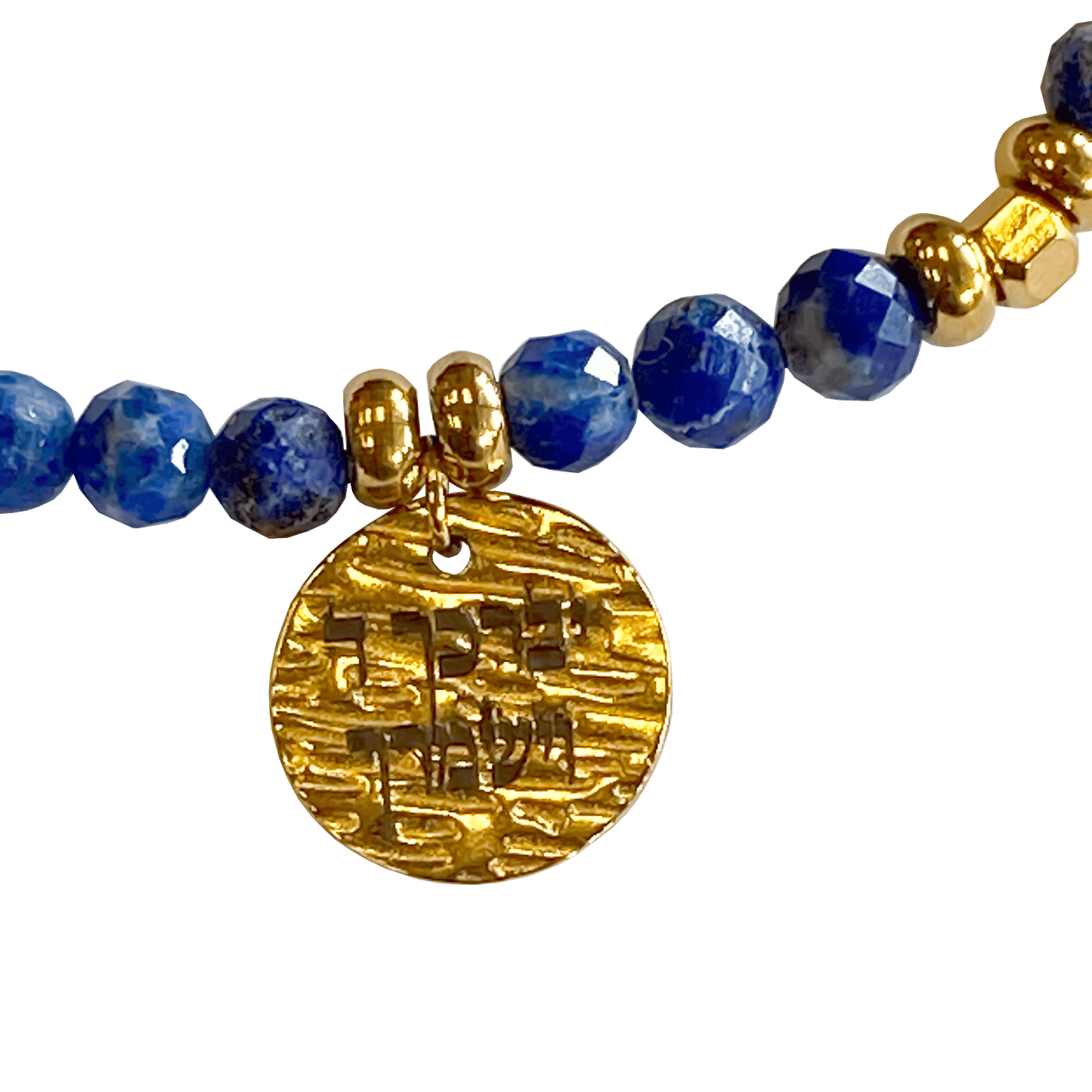 Lapis stone bracelet interspersed with gold-plated beads with a gold-plated charm that says “May God Bless You & Keep You” 