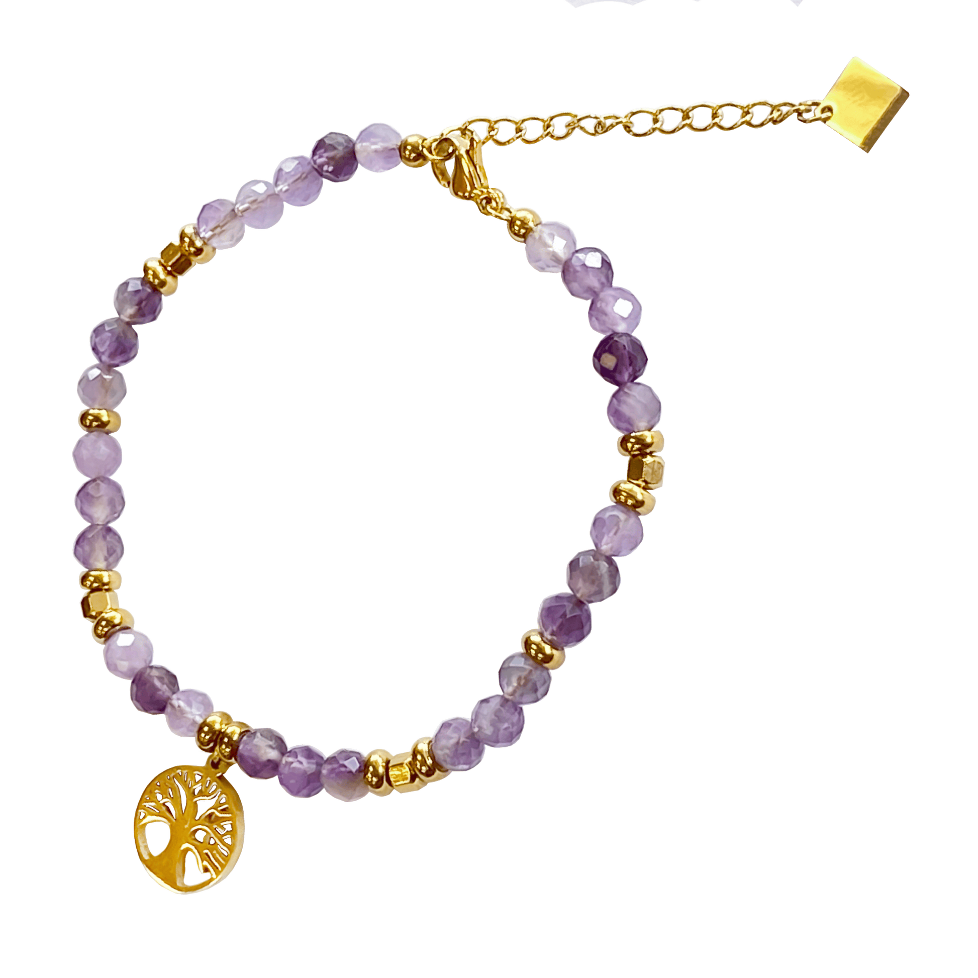 Amethyst stone bracelet interspersed with gold-plated beads with a gold-plated Tree of Life charm