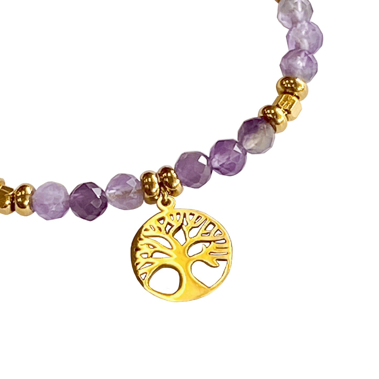 Amethyst stone bracelet interspersed with gold-plated beads with a gold-plated Tree of Life charm