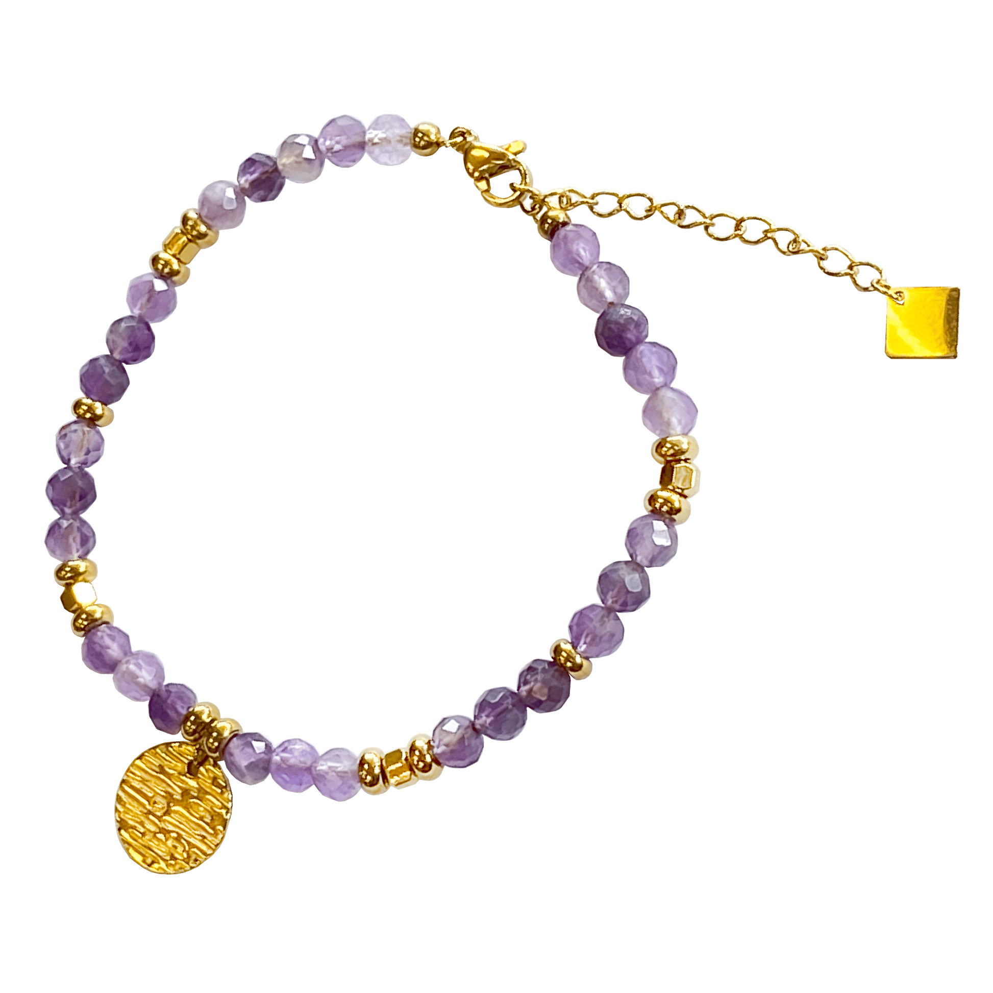 Amethyst stone bracelet interspersed with gold-plated beads with a gold-plated charm