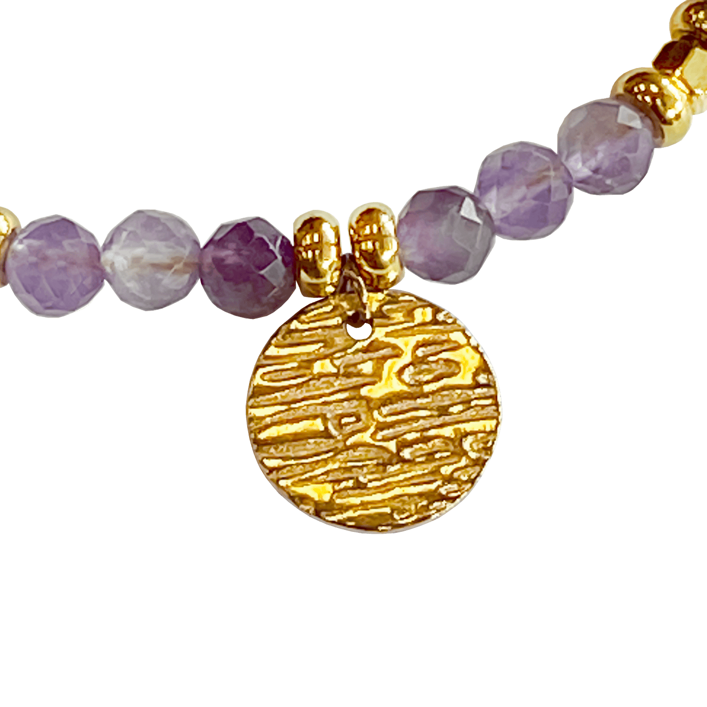 Amethyst stone bracelet interspersed with gold-plated beads with a gold-plated charm