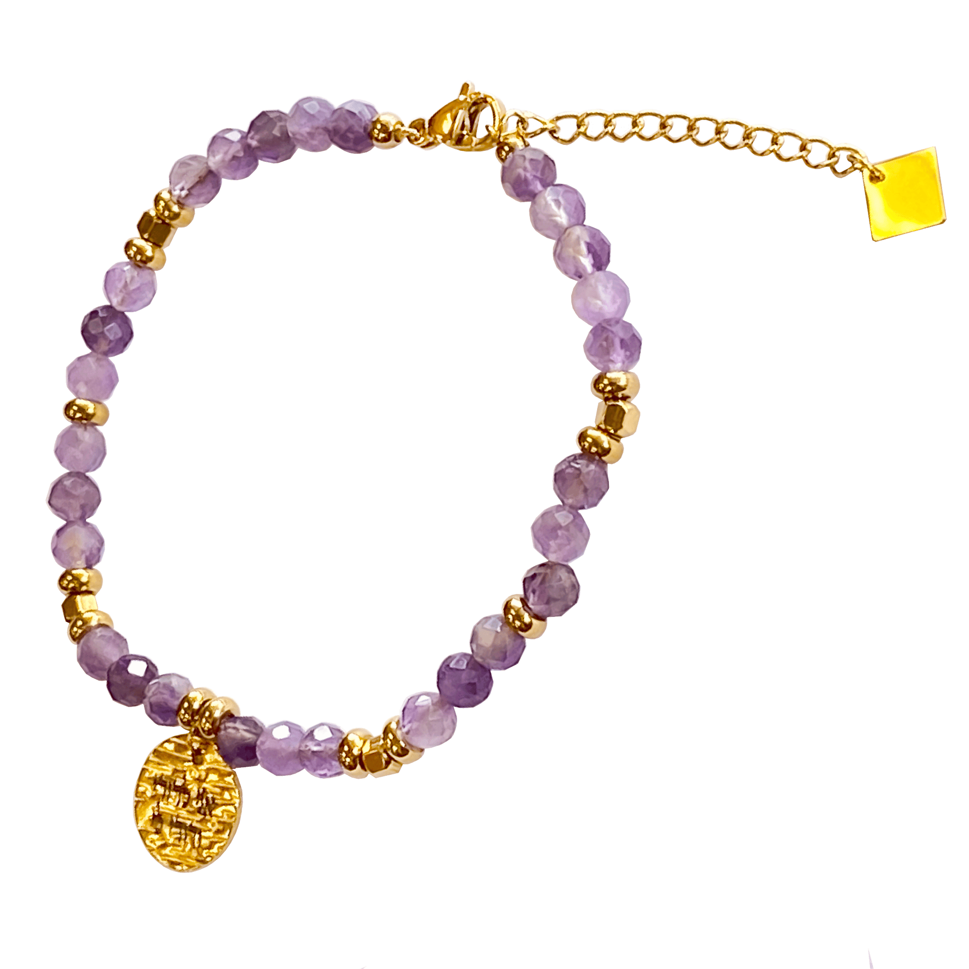 Amethyst stone bracelet interspersed with gold-plated beads with a gold-plated charm that says “I Am My Beloveds” 