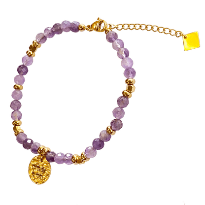 Amethyst stone bracelet interspersed with gold-plated beads with a gold-plated charm that says “I Am My Beloveds” 