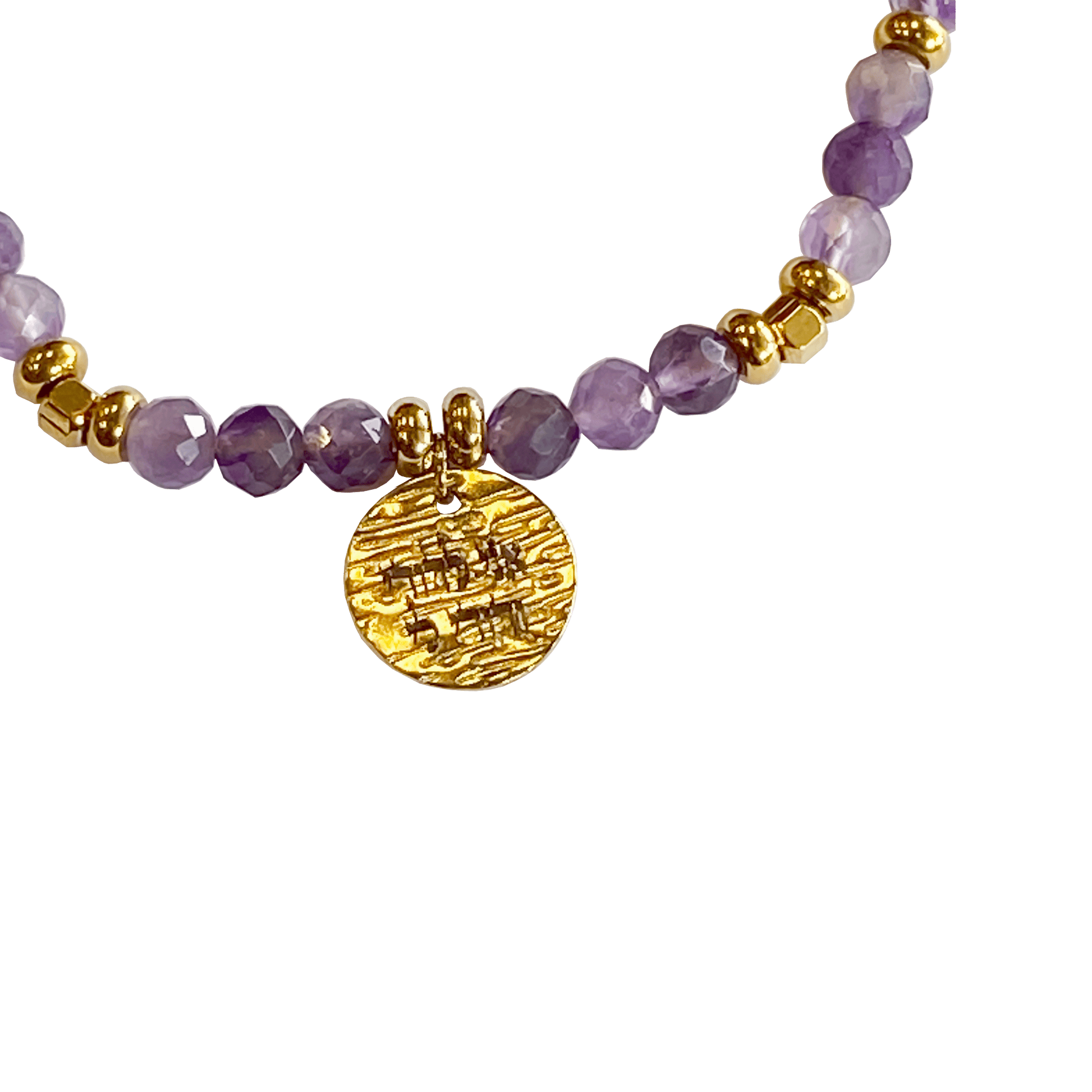 Amethyst stone bracelet interspersed with gold-plated beads with a gold-plated charm that says “I Am My Beloveds” 