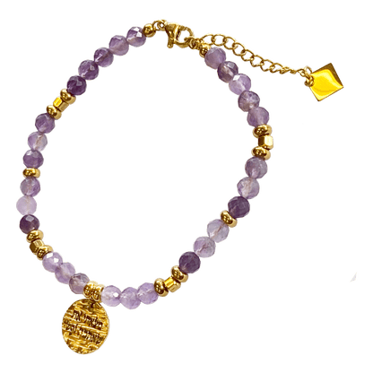 Amethyst stone bracelet interspersed with gold-plated beads with a gold-plated charm that says “I Found Him Whom My Soul Loveth” 