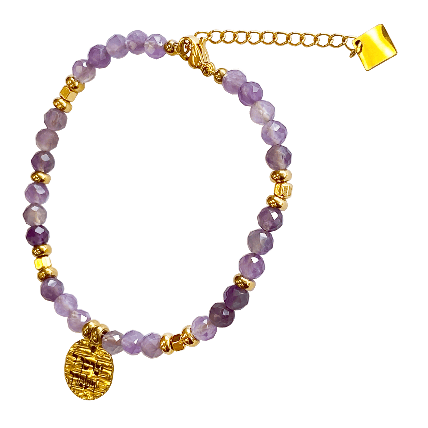 Amethyst stone bracelet interspersed with gold-plated beads with a gold-plated charm that says “May God Bless You & Keep You” 