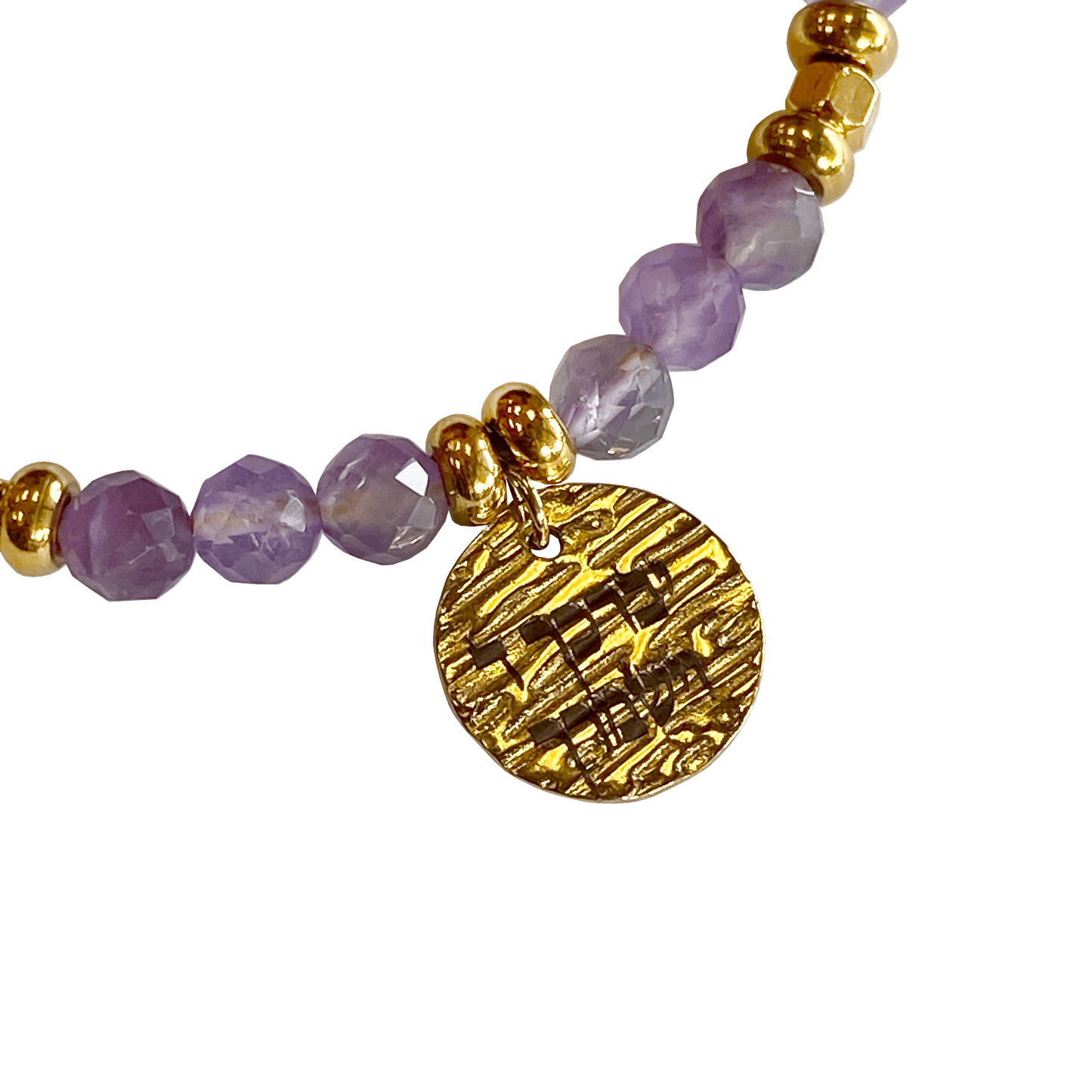 Amethyst stone bracelet interspersed with gold-plated beads with a gold-plated charm that says “May God Bless You & Keep You” 