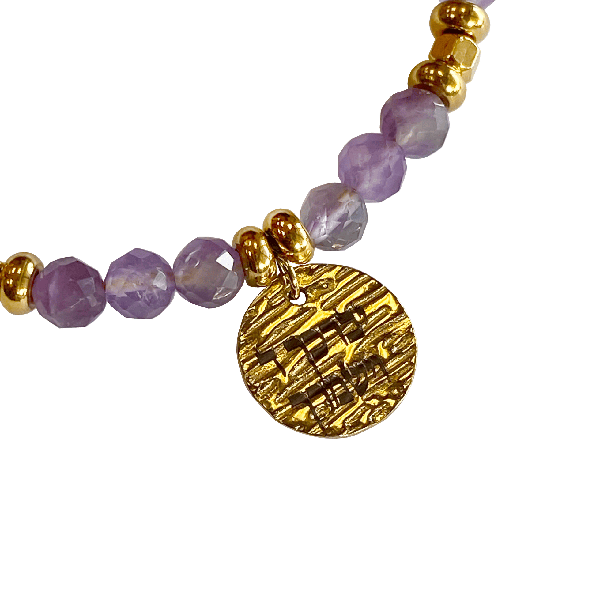 Amethyst stone bracelet interspersed with gold-plated beads with a gold-plated charm that says “May God Bless You & Keep You” 