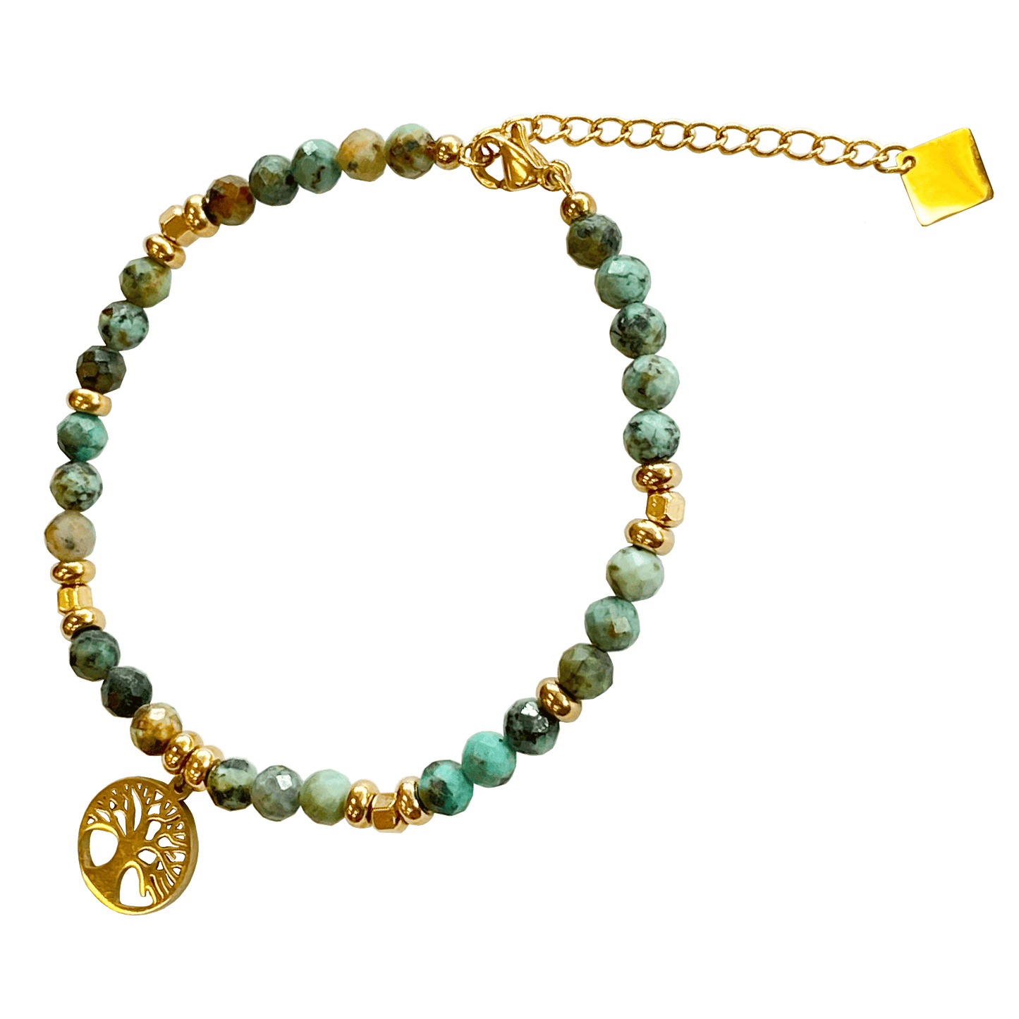 Laborite stone bracelet interspersed with gold-plated beads with a gold-plated Tree of Life charm 