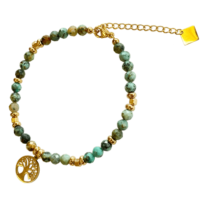 Laborite stone bracelet interspersed with gold-plated beads with a gold-plated Tree of Life charm 